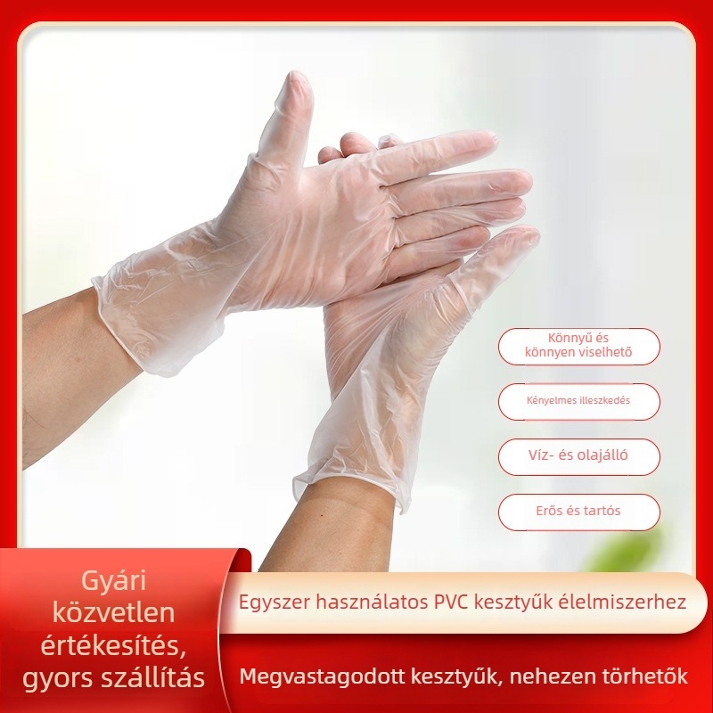Egyszer használatos PVC kesztyűk — élelmiszer-minőségű, átlátszó, vízálló, por elleni védelem, biológiailag lebomló.