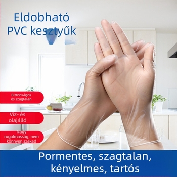 Megvastított, egyszer használatos PVC kesztyűk, pormentes, átlátszó, 100 darabos dobozban, élelmiszer-minőségű.