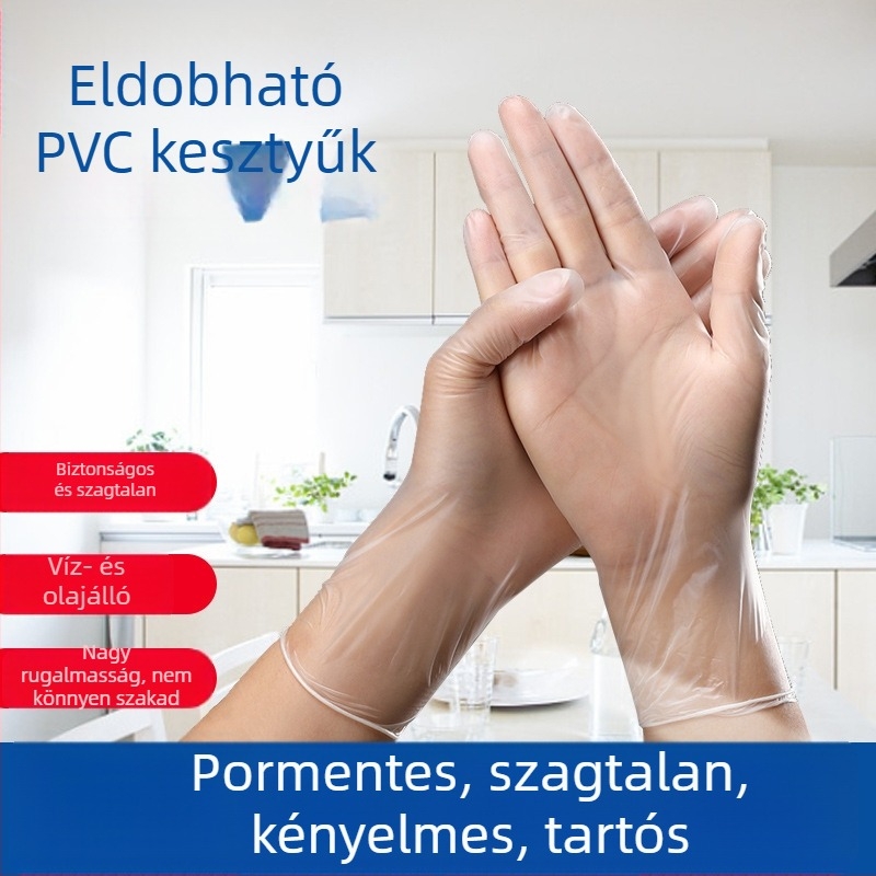 Megvastított, egyszer használatos PVC kesztyűk, pormentes, átlátszó, 100 darabos dobozban, élelmiszer-minőségű.