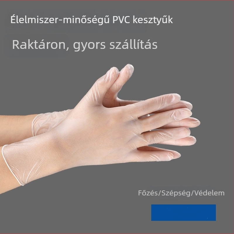 Megvastított, egyszer használatos PVC kesztyűk, pormentes, átlátszó, 100 darabos dobozban, élelmiszer-minőségű.