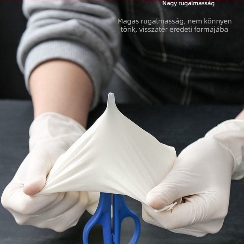 Egyszer használatos latex kesztyűk, élelmiszer-minőség, vastagított, átlátszó, porálló, biológiailag lebomló, 0,3 mm