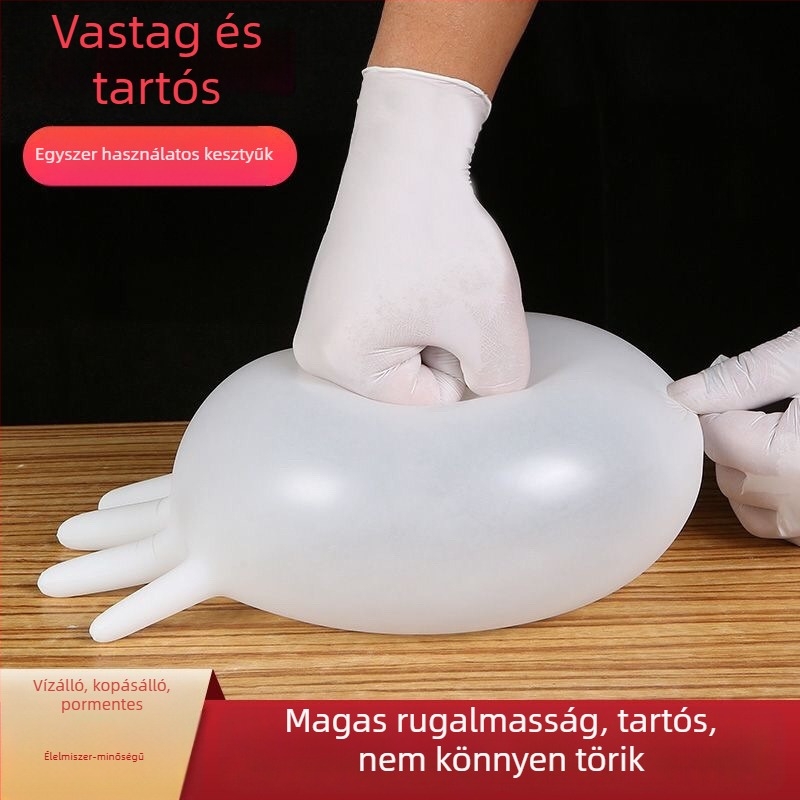 Egyszer használatos latex kesztyűk, élelmiszer-minőség, vastagított, átlátszó, porálló, biológiailag lebomló, 0,3 mm