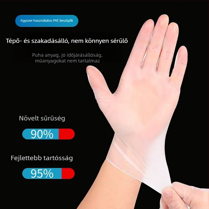 Egyszer használatos PVC kesztyűk, élelmiszer-minőségűek, átlátszóak, 0,05–0,1 mm vastagságú, porálló.