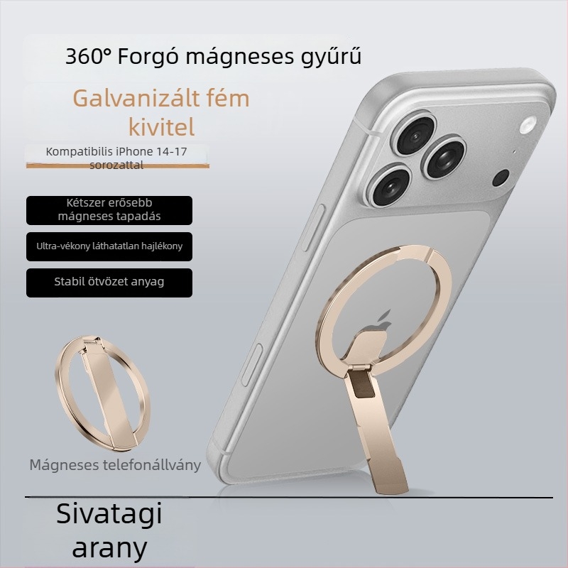 Fém telefon-tartó ujjgyűrűvel, magneses rögzítés, ultra vékony, összecsukható, anti‑rezgés funkció, ideális iroda, selfie és közvetítés