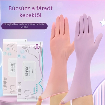 Egyszer használatos nitril mosogatós kesztyűk, extra hosszúak, vastagítottak, olaj- és vízállóak, háztartási konyhai tisztításra