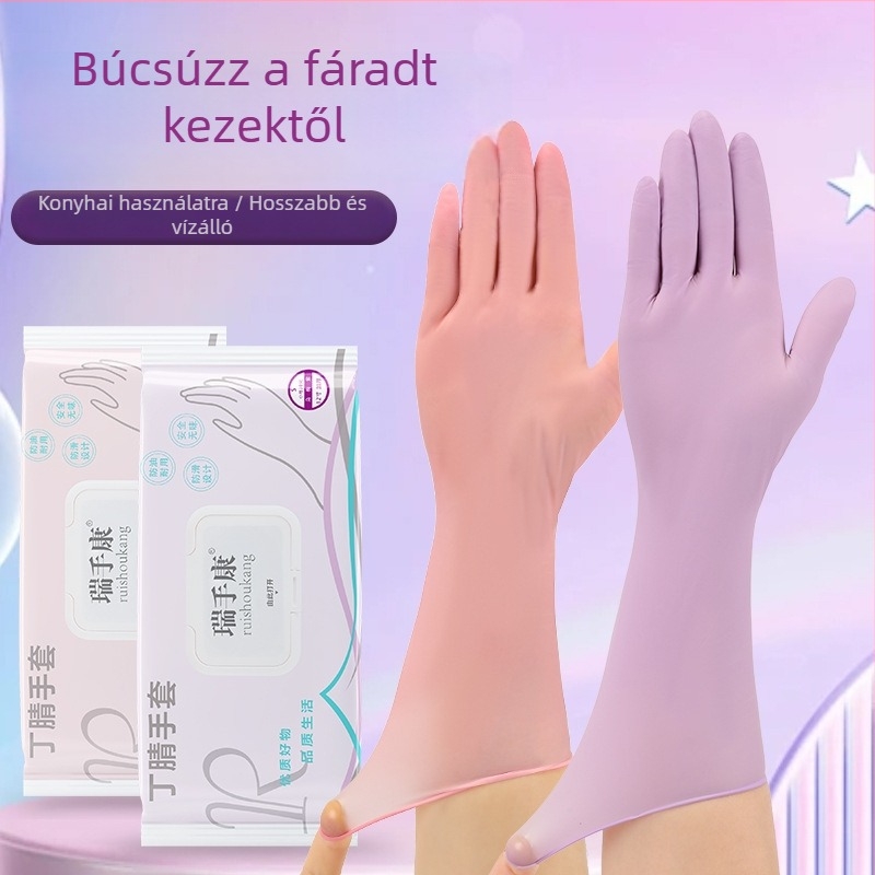 Egyszer használatos nitril mosogatós kesztyűk, extra hosszúak, vastagítottak, olaj- és vízállóak, háztartási konyhai tisztításra