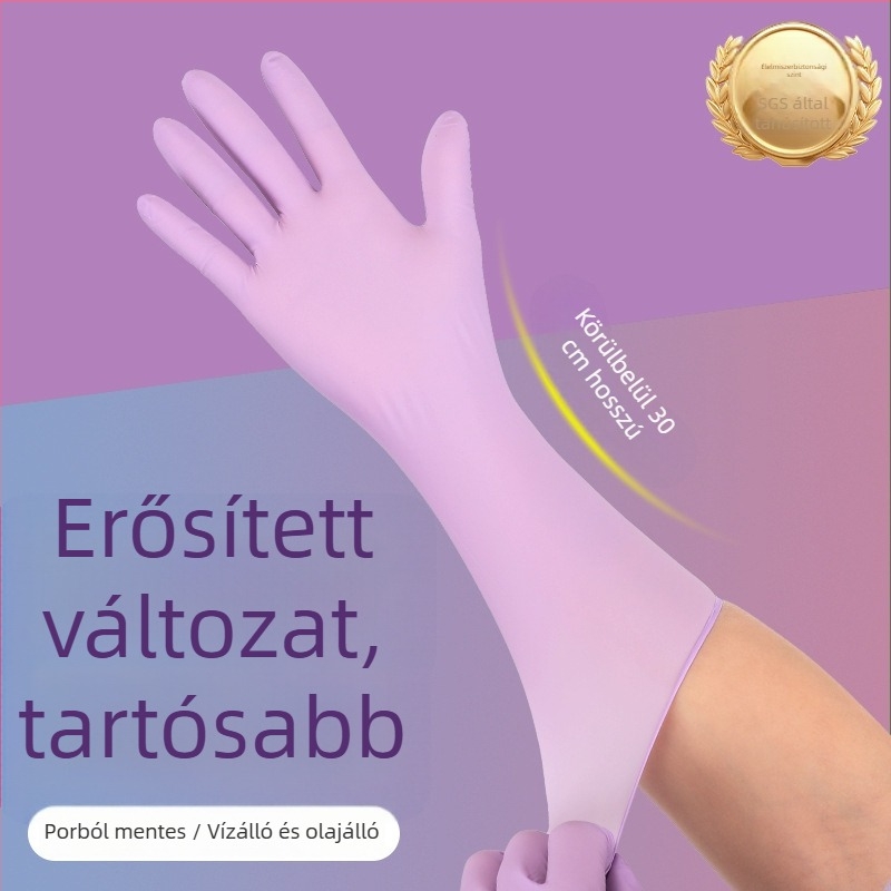 Egyszer használatos nitril mosogatós kesztyűk, extra hosszúak, vastagítottak, olaj- és vízállóak, háztartási konyhai tisztításra