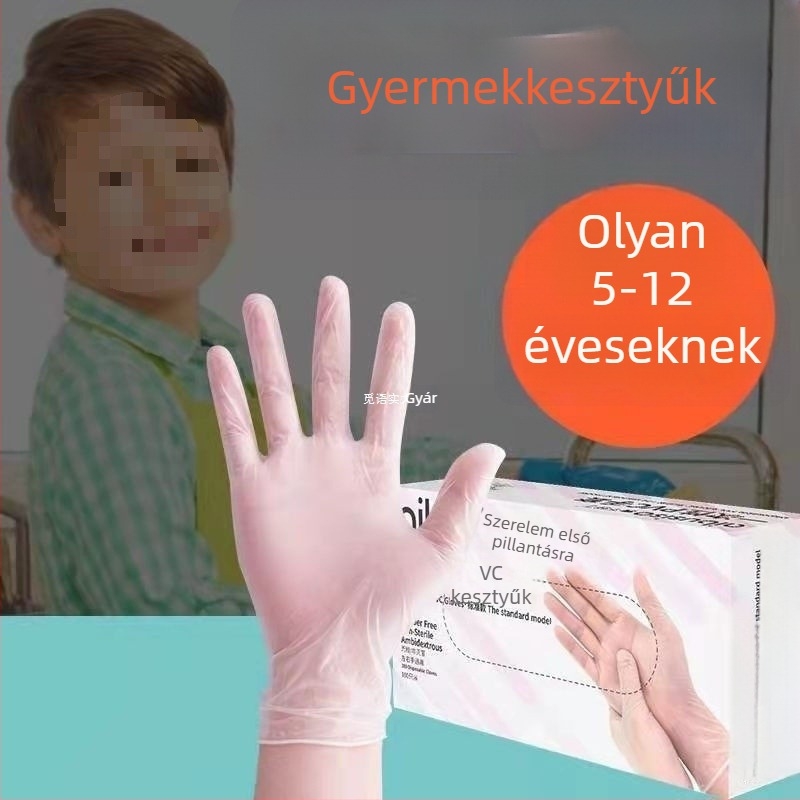 Gyerekeknek készült egyszer használatos PVC kesztyűk, átlátszóak, vízállóak, érintőképernyő-kompatibilisek, olajállóak