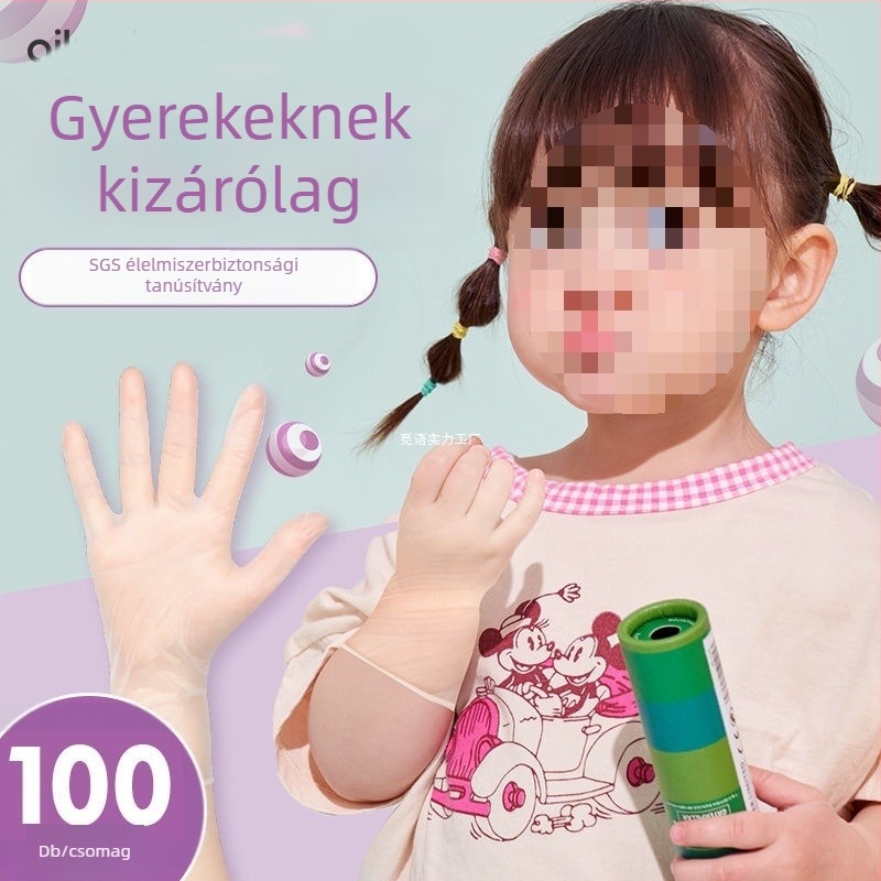 Gyerekeknek készült egyszer használatos PVC kesztyűk, átlátszóak, vízállóak, érintőképernyő-kompatibilisek, olajállóak