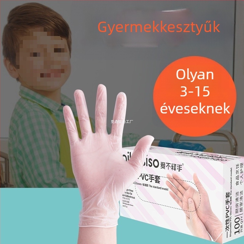 Gyerekeknek készült egyszer használatos PVC kesztyűk, átlátszóak, vízállóak, érintőképernyő-kompatibilisek, olajállóak