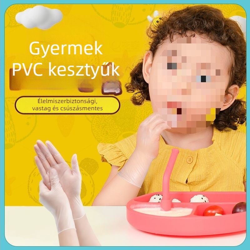 Gyerekeknek készült egyszer használatos PVC kesztyűk, átlátszóak, vízállóak, érintőképernyő-kompatibilisek, olajállóak