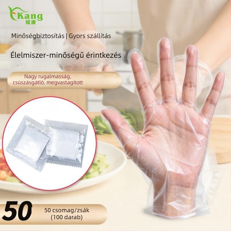 Egyszer használatos kesztyűk a konyhai kiszolgáláshoz, átlátszó, vastag PE anyagból, élelmiszer-kezeléshez, beleértve az édesvízi rákot, egyedi csomagolásban, hajápolásra is alkalmas