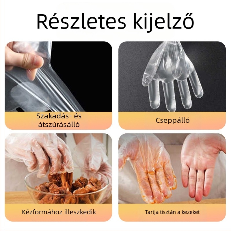 Egyszer használatos kesztyűk a konyhai kiszolgáláshoz, átlátszó, vastag PE anyagból, élelmiszer-kezeléshez, beleértve az édesvízi rákot, egyedi csomagolásban, hajápolásra is alkalmas