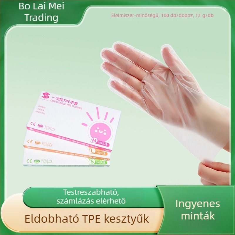 Élelmiszer-minőségű egyszer használatos kesztyűk, átlátszó műanyagból, megerősített vastagsággal, 100 darabos dobozban, méretek S/M/L, tenger gyümölcsei kezelése