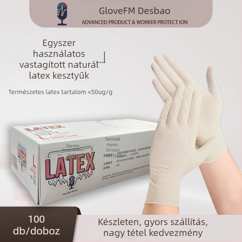 Desbao L65 egyszer használatos, vastagított natúr latex kesztyűk, magas rugalmasság, pormentes, élelmiszer-minőség, dobozban, 100 darab