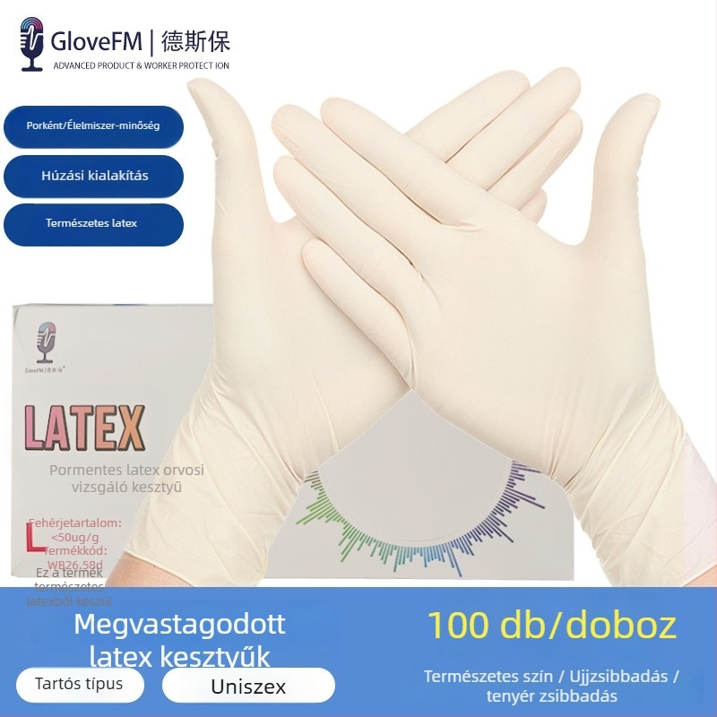 Desbao L65 egyszer használatos, vastagított natúr latex kesztyűk, magas rugalmasság, pormentes, élelmiszer-minőség, dobozban, 100 darab