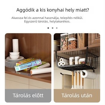 Csavarozás nélküli konyhai papírtartó a szekrényhez — tartja fóliát és zacskókat; szénacélból készült; skandináv stílus.