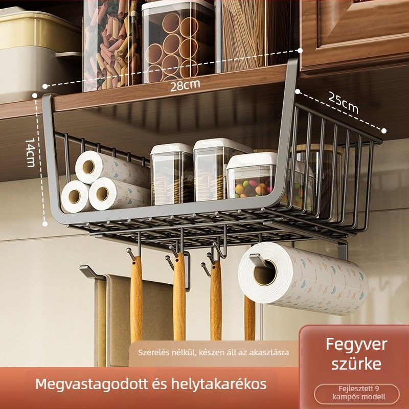 Csavarozás nélküli konyhai papírtartó a szekrényhez — tartja fóliát és zacskókat; szénacélból készült; skandináv stílus.