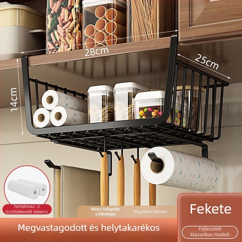 Csavarozás nélküli konyhai papírtartó a szekrényhez — tartja fóliát és zacskókat; szénacélból készült; skandináv stílus.