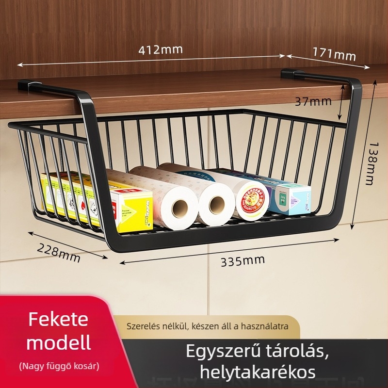 Csavarozás nélküli konyhai papírtartó a szekrényhez — tartja fóliát és zacskókat; szénacélból készült; skandináv stílus.