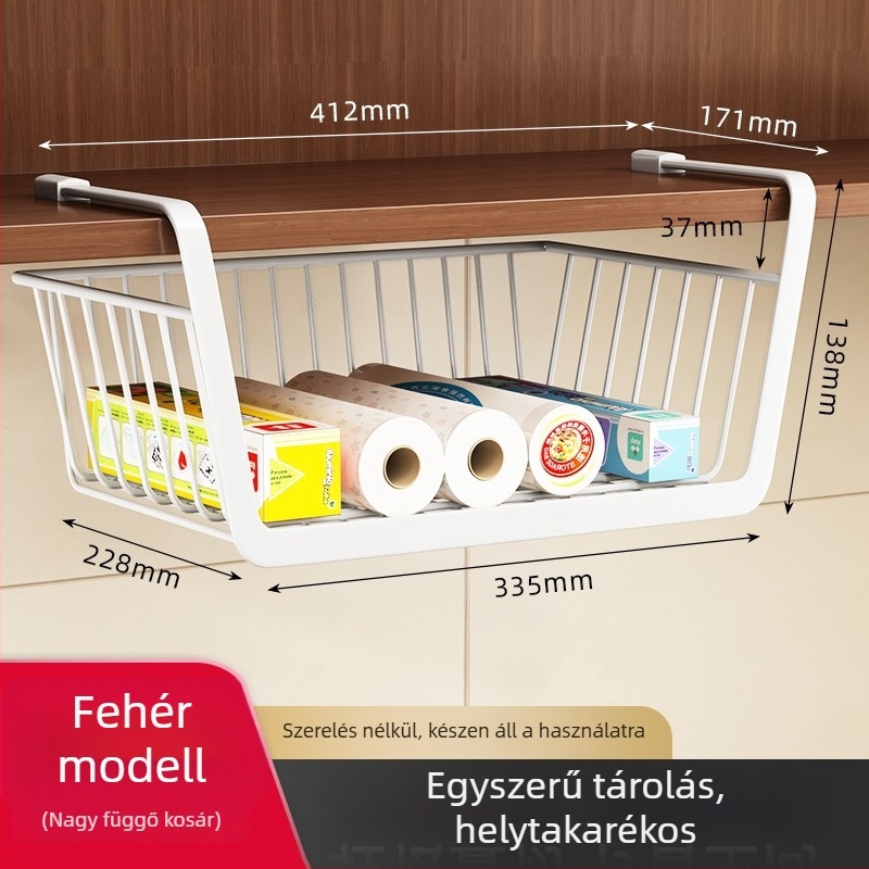 Csavarozás nélküli konyhai papírtartó a szekrényhez — tartja fóliát és zacskókat; szénacélból készült; skandináv stílus.