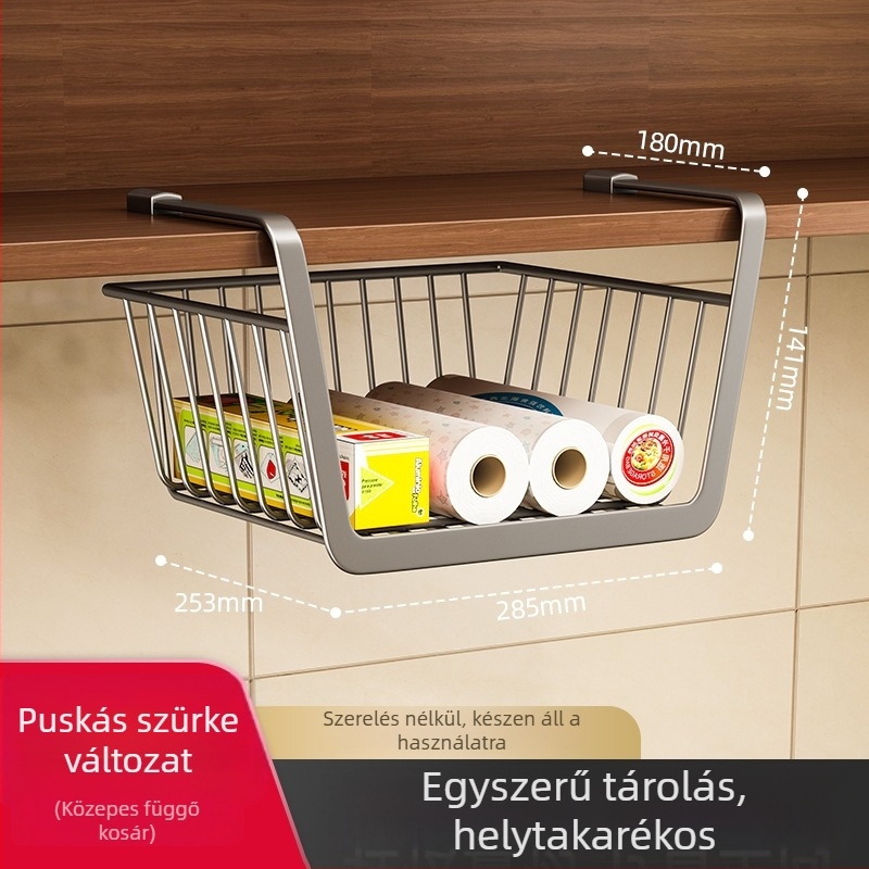 Csavarozás nélküli konyhai papírtartó a szekrényhez — tartja fóliát és zacskókat; szénacélból készült; skandináv stílus.