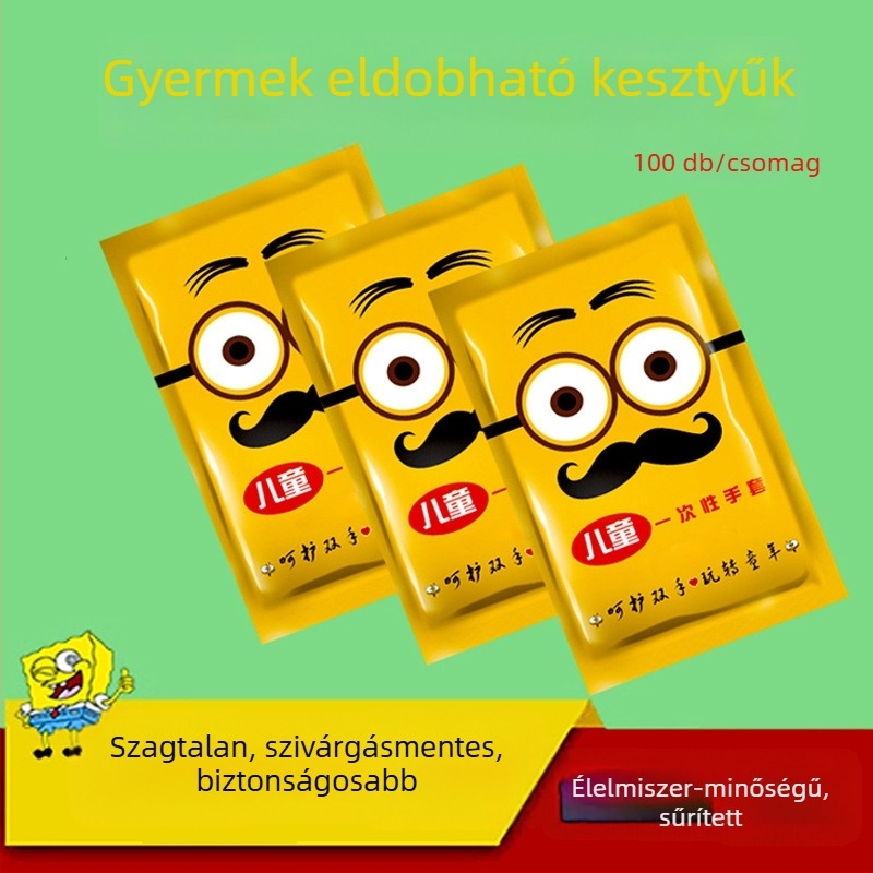Gyerekeknek készült egyszer használatos kesztyűk, vastított, élelmiszer-biztonsági minőségű, PE fóliás csomagolásban, 100 db, 4–12 éveseknek.