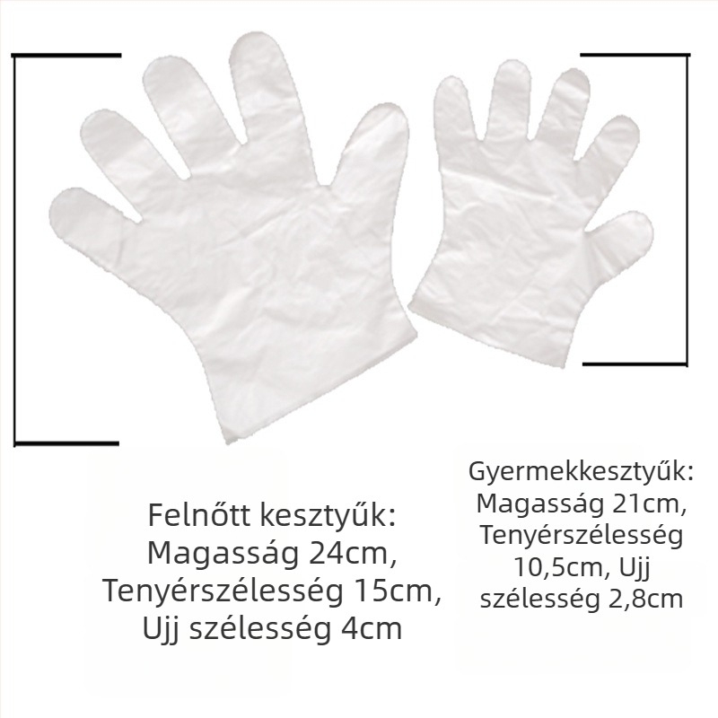 Gyerekeknek készült egyszer használatos kesztyűk, vastított, élelmiszer-biztonsági minőségű, PE fóliás csomagolásban, 100 db, 4–12 éveseknek.