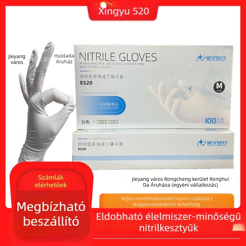 Xingyu E520 egyszer használatos nitril kesztyűk, élelmiszer-minőség, kopásálló, tartós, vastagított