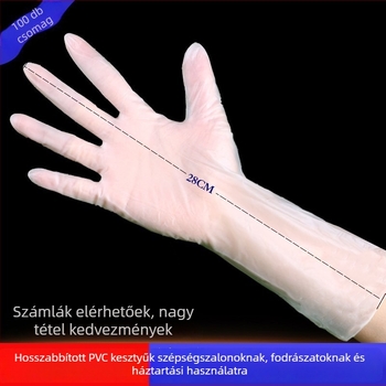 Egyszer használatos PVC kesztyűk, hosszított kivitelben, 28 cm hosszú, 0,053 mm vastagság, 100 darabos csomagolásban, szépségápolás és fodrászat számára