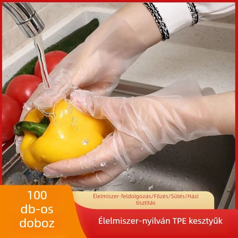 Egyszer használatos TPE kesztyűk, vastagított, élelmiszer-minőségű, átlátszó, konyhai tisztításra, dobozban 100 db