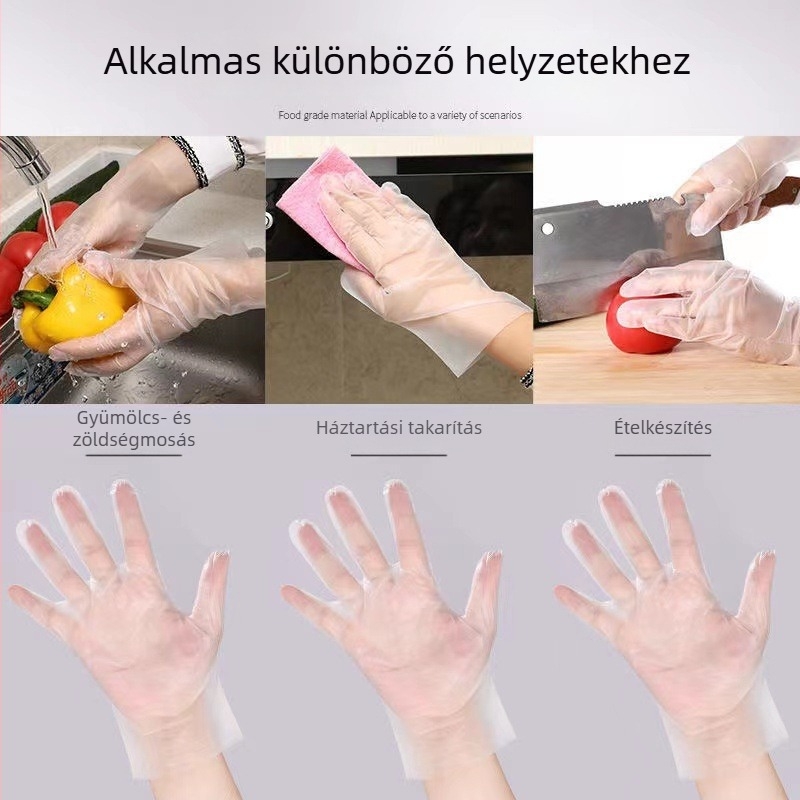 Egyszer használatos TPE kesztyűk, vastagított, élelmiszer-minőségű, átlátszó, konyhai tisztításra, dobozban 100 db