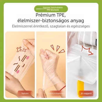 Egyszer használatos TPE kesztyűk, élelmiszer-minőségű műanyagból, vastagság 0.05-0.1 mm, átlátszó, eltarthatóság 1 év, dobozban 120 darab