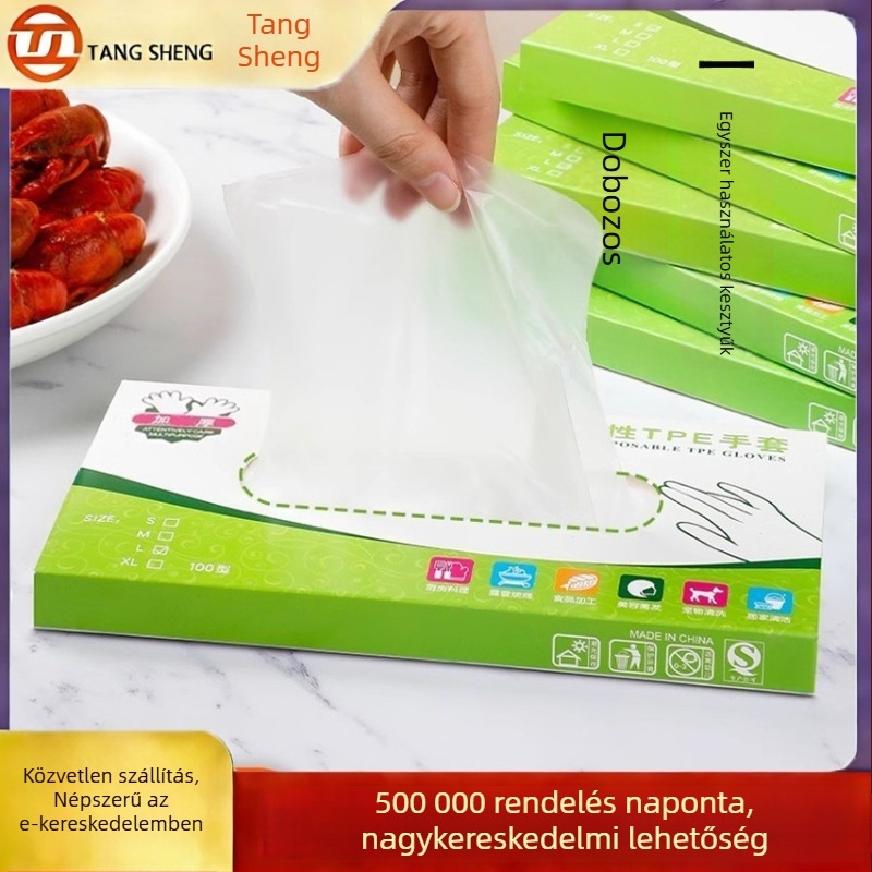 Egyszer használatos TPE kesztyűk, élelmiszer-minőségű műanyagból, vastagság 0.05-0.1 mm, átlátszó, eltarthatóság 1 év, dobozban 120 darab