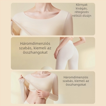 Női nylon alaprétegű termoszett, hosszú ujjú felső és nadrág, vékony anyag, U alakú nyak