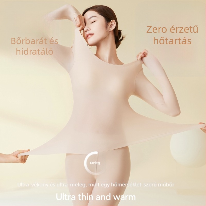 Női nylon alaprétegű termoszett, hosszú ujjú felső és nadrág, vékony anyag, U alakú nyak