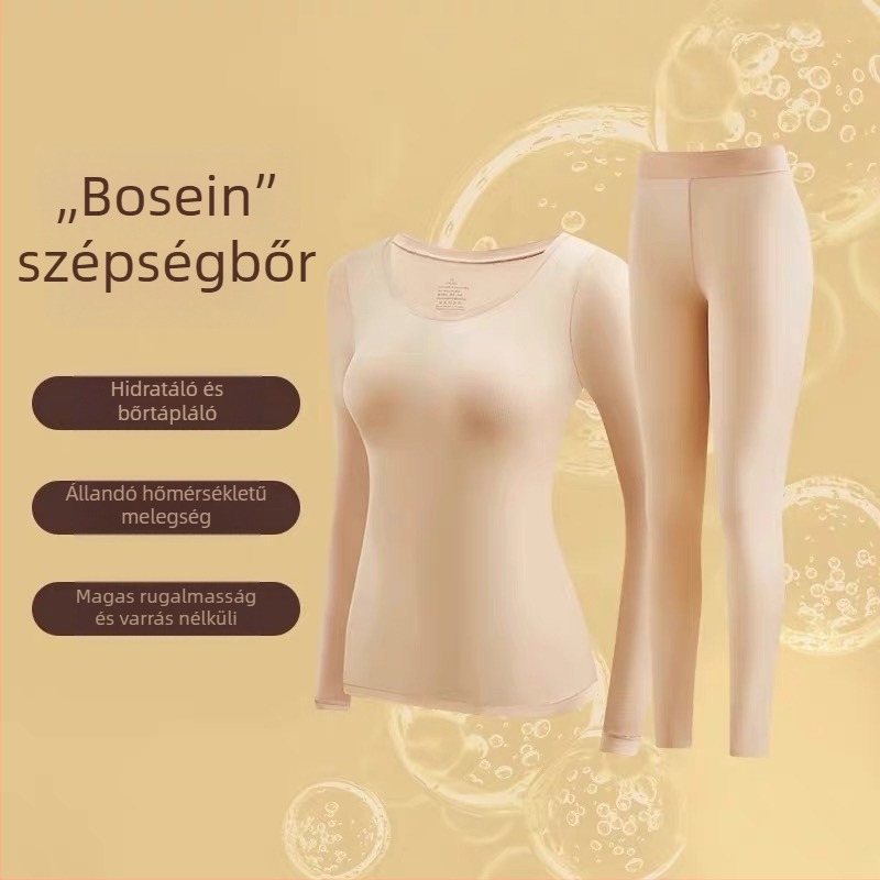 Női nylon alaprétegű termoszett, hosszú ujjú felső és nadrág, vékony anyag, U alakú nyak