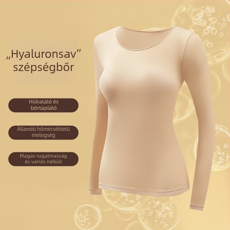 Női nylon alaprétegű termoszett, hosszú ujjú felső és nadrág, vékony anyag, U alakú nyak