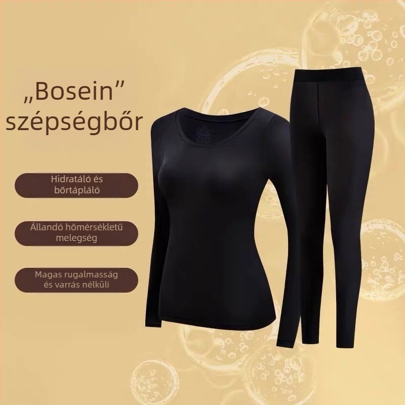 Női nylon alaprétegű termoszett, hosszú ujjú felső és nadrág, vékony anyag, U alakú nyak