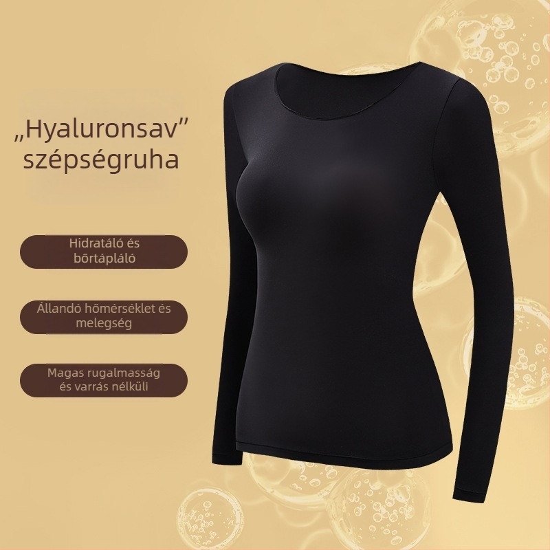 Női nylon alaprétegű termoszett, hosszú ujjú felső és nadrág, vékony anyag, U alakú nyak