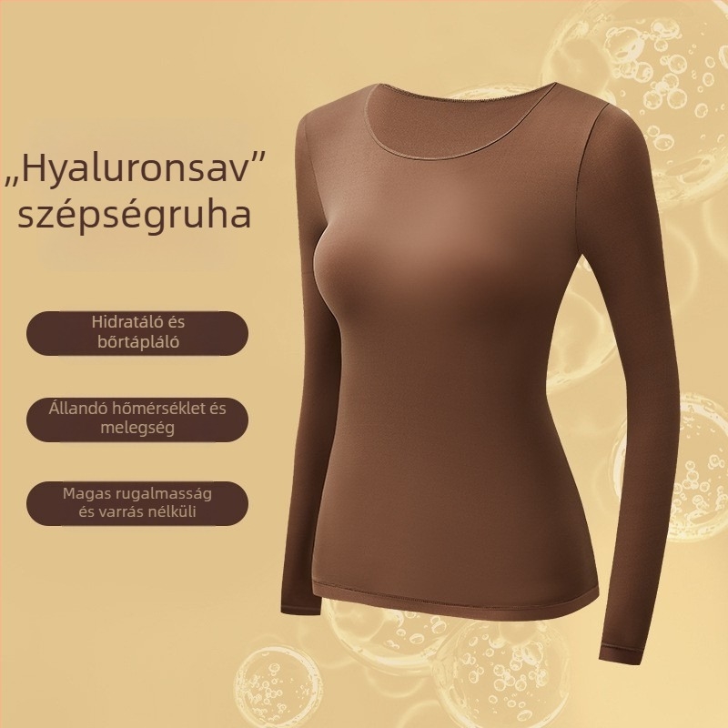 Női nylon alaprétegű termoszett, hosszú ujjú felső és nadrág, vékony anyag, U alakú nyak