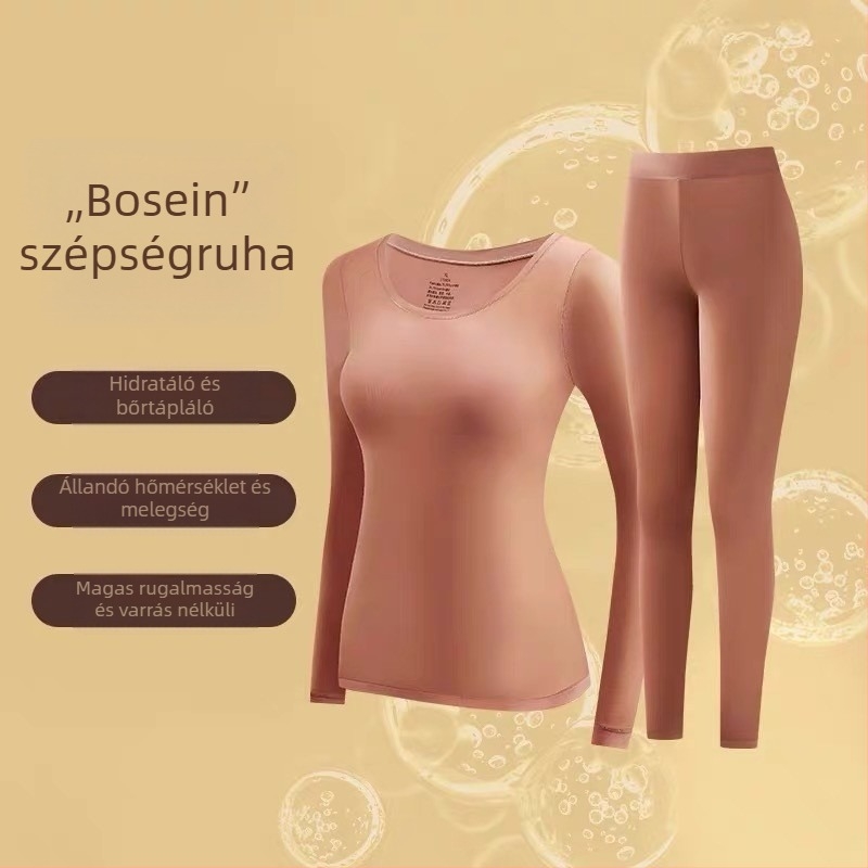 Női nylon alaprétegű termoszett, hosszú ujjú felső és nadrág, vékony anyag, U alakú nyak