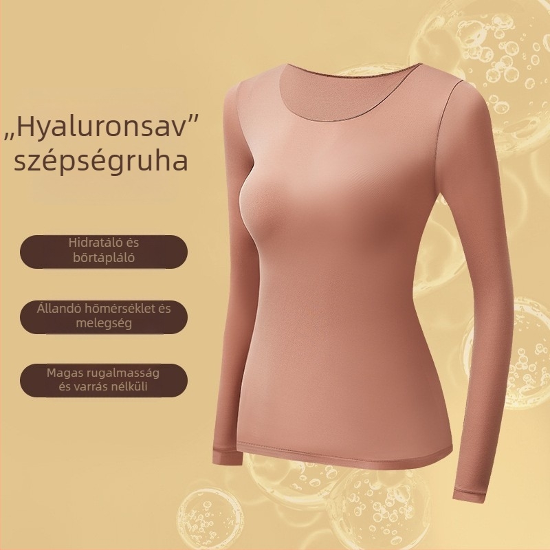 Női nylon alaprétegű termoszett, hosszú ujjú felső és nadrág, vékony anyag, U alakú nyak