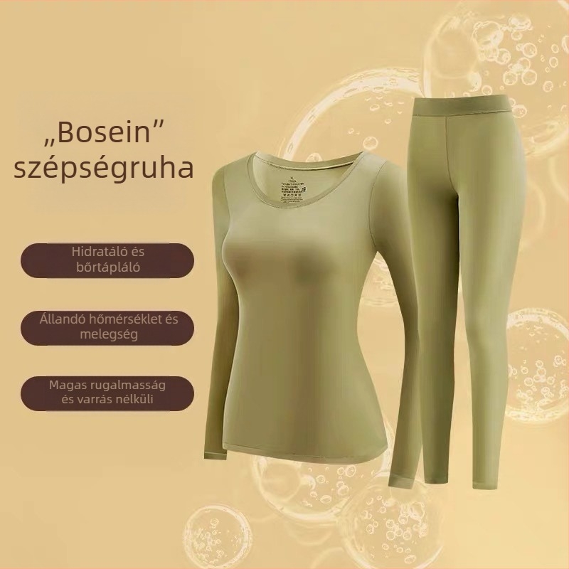 Női nylon alaprétegű termoszett, hosszú ujjú felső és nadrág, vékony anyag, U alakú nyak
