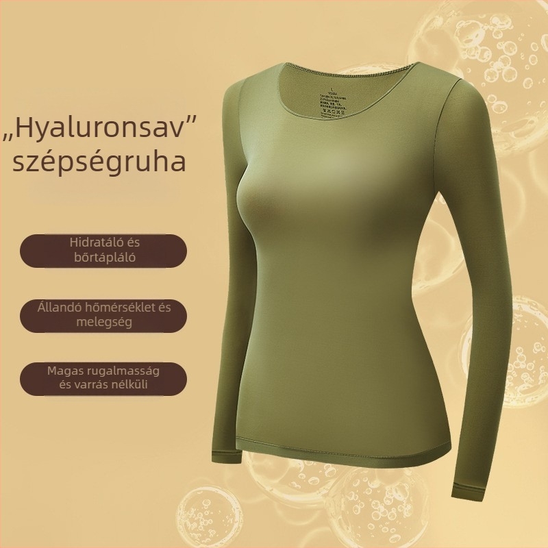 Női nylon alaprétegű termoszett, hosszú ujjú felső és nadrág, vékony anyag, U alakú nyak