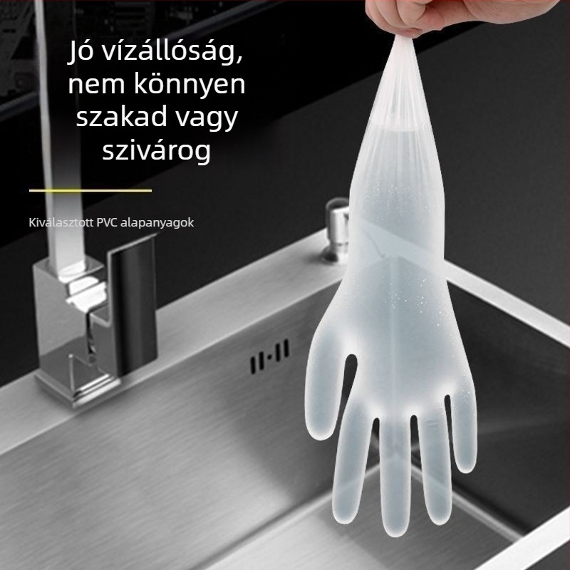 Egyszerhasználatos PVC kesztyű – vízálló, antistatikus, élelmiszer-biztonsági minőség; hajmosásra, fodrászatban és élelmiszer-feldolgozásra.