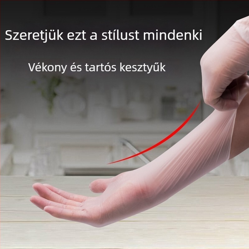 Egyszerhasználatos PVC kesztyű – vízálló, antistatikus, élelmiszer-biztonsági minőség; hajmosásra, fodrászatban és élelmiszer-feldolgozásra.