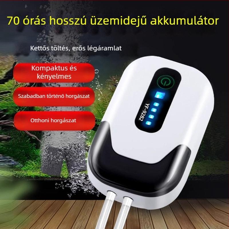 Hordozható oxigénpumpa-aerátor akváriumhoz és horgászathoz – USB, Li-ion akkumulátor, nagy levegőkapacitás, hosszú üzemidő, kettős használat