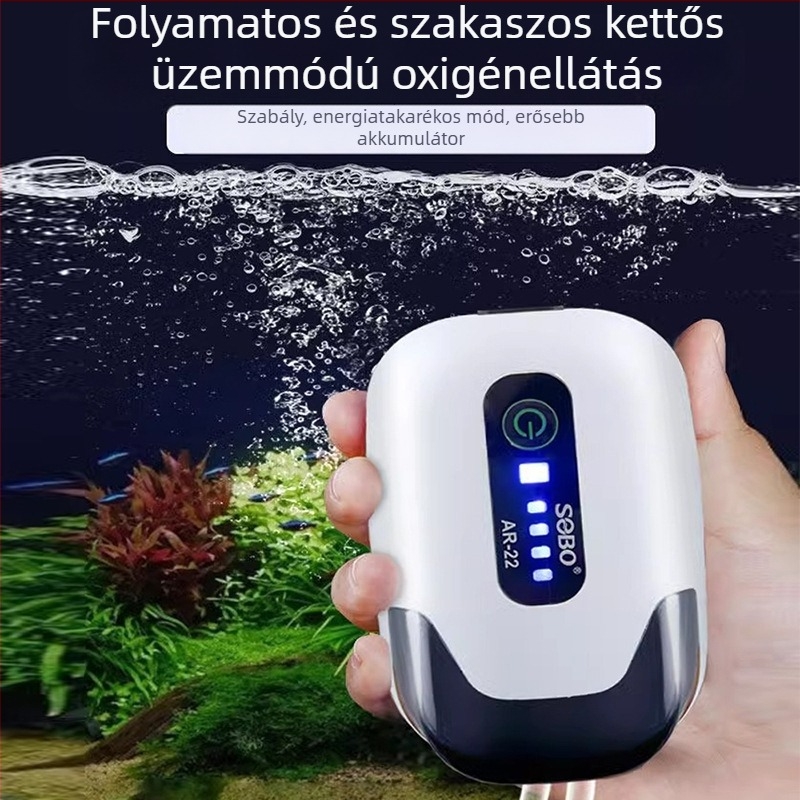 Hordozható oxigénpumpa-aerátor akváriumhoz és horgászathoz – USB, Li-ion akkumulátor, nagy levegőkapacitás, hosszú üzemidő, kettős használat