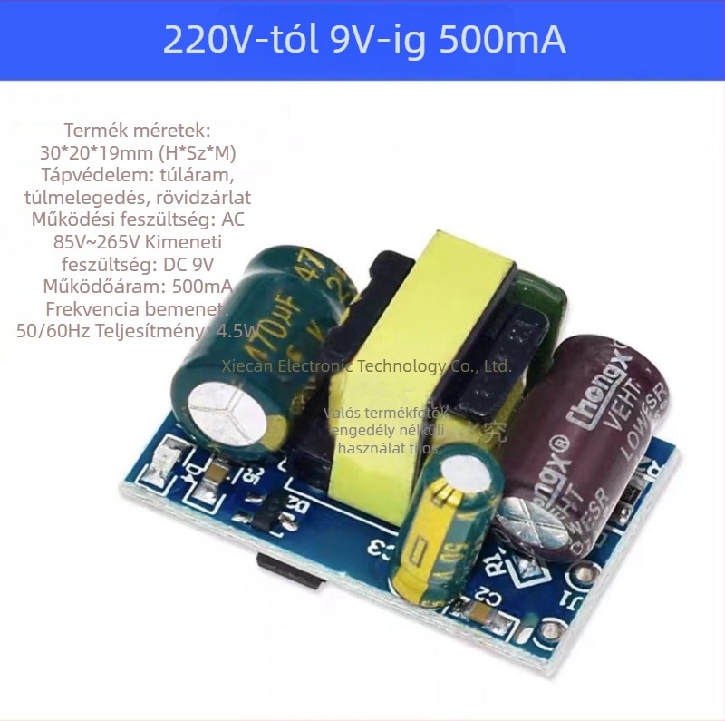 Tápegység-modul 220V AC bemenet, 9V DC kimenet 0,5A, izolált buck konverter, Túláram védelem (Ipari)